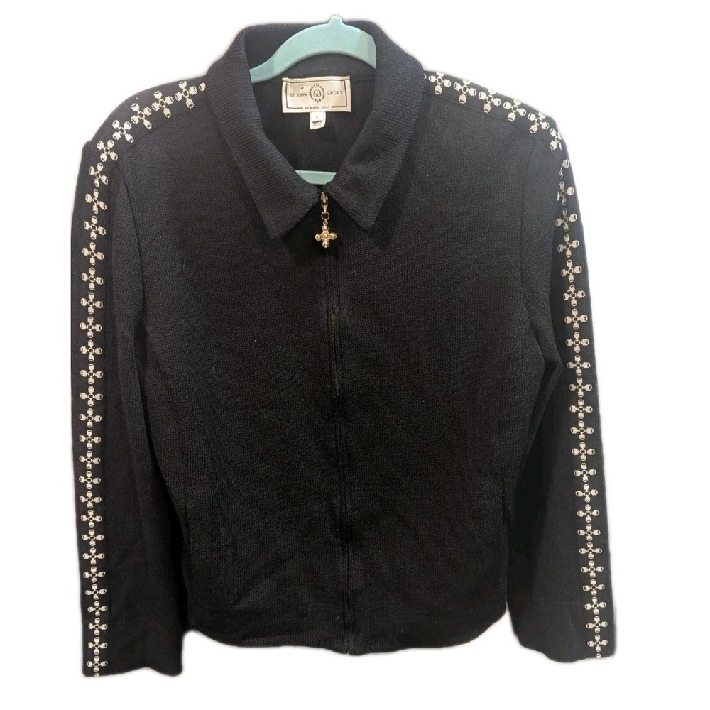 St. John‎ Sport Marie Gray L Wool Blend Collared Full Zip Sweater Jacket Pockets